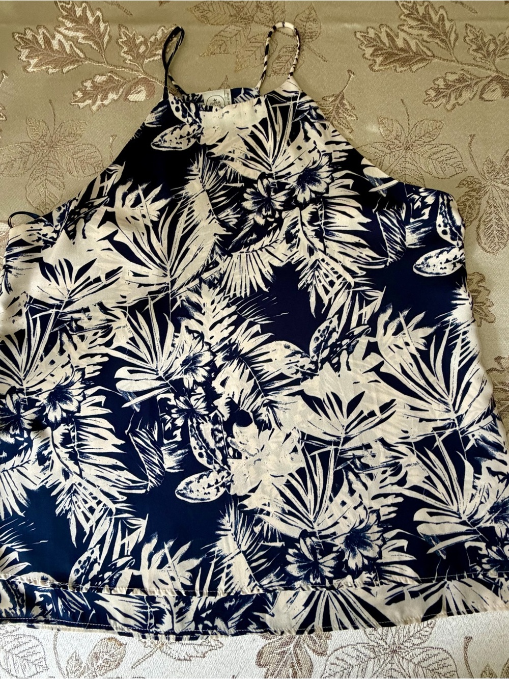 Navy and White Floral Halter High Neck Shoulder Enhancing Tank Top